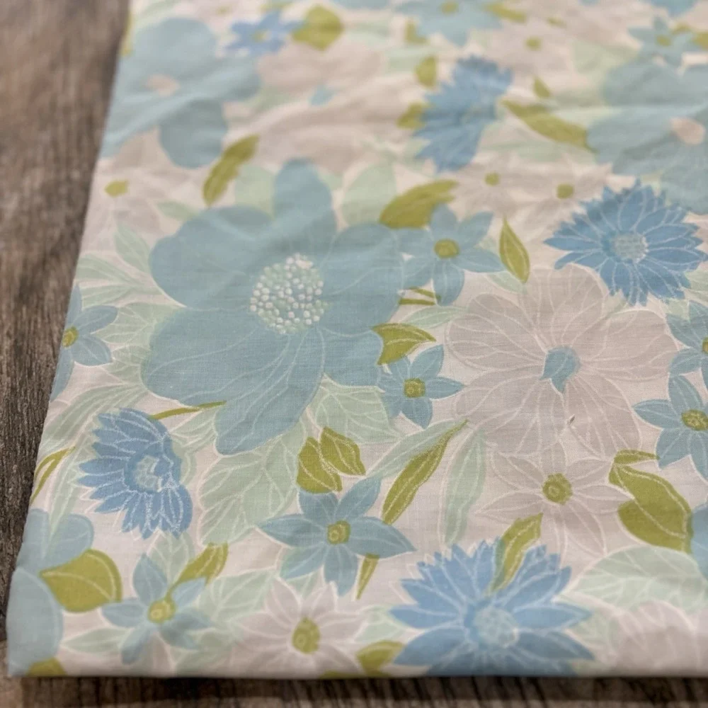 Vtg 1960s 1970s Flower Power Standard Pillowcase Blue Green Floral Percale MCM